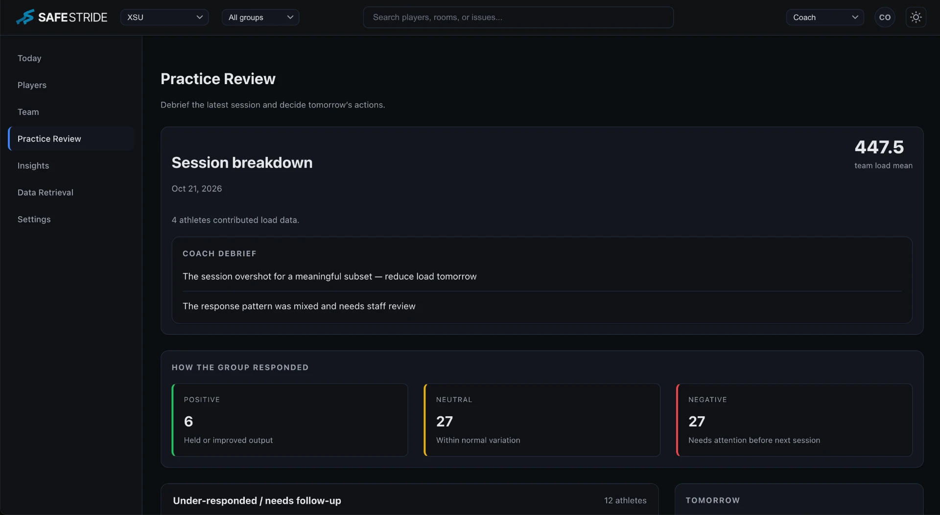 SafeStride Practice Review with session breakdown, coach debrief and group response